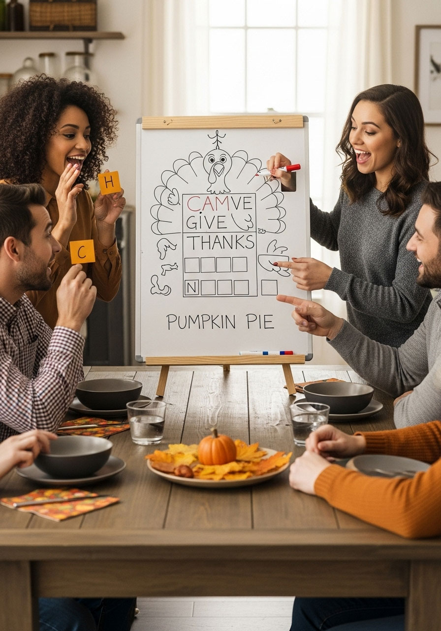 Thanksgiving Hangman game with family guessing holiday words on whiteboard