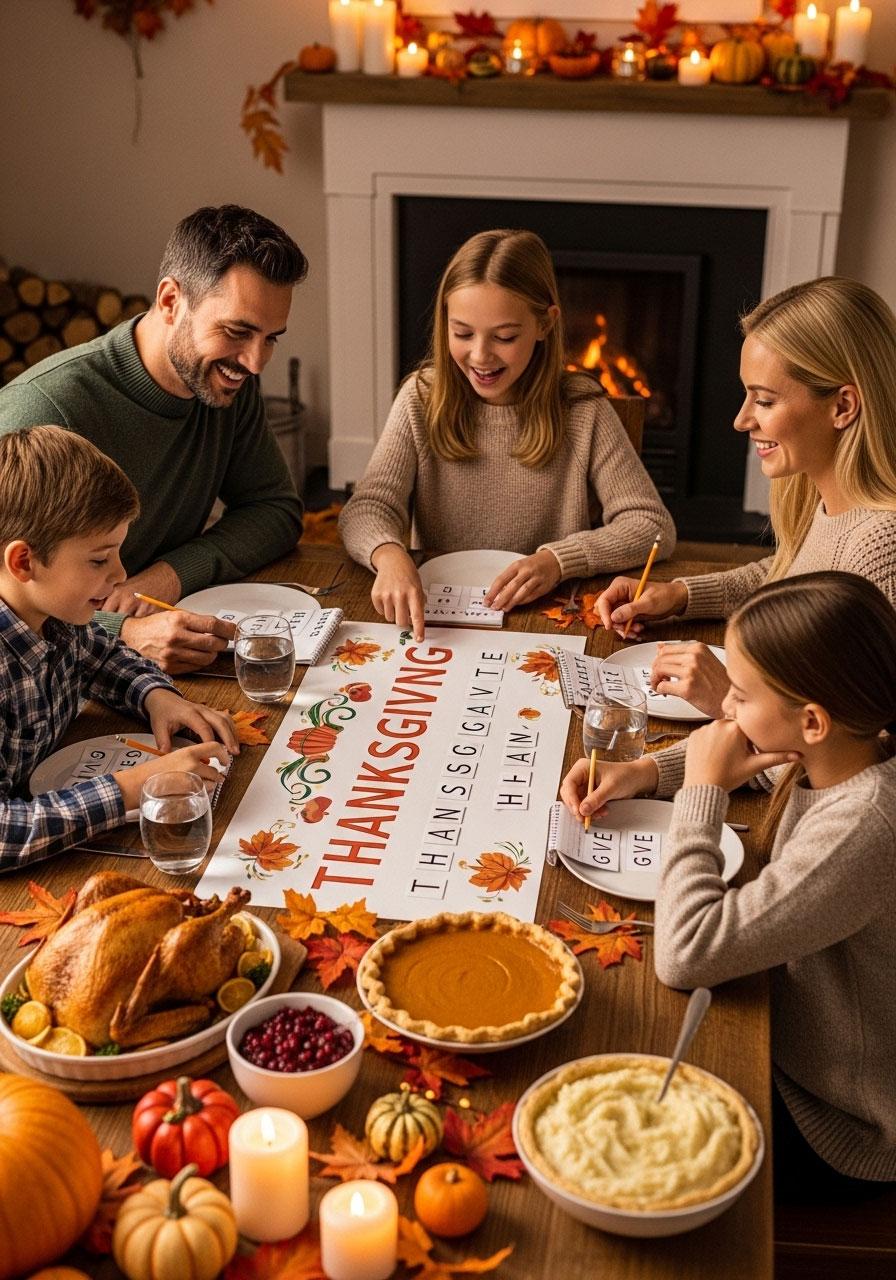 Thanksgiving How Many Words game with family creating words from THANKSGIVING letters