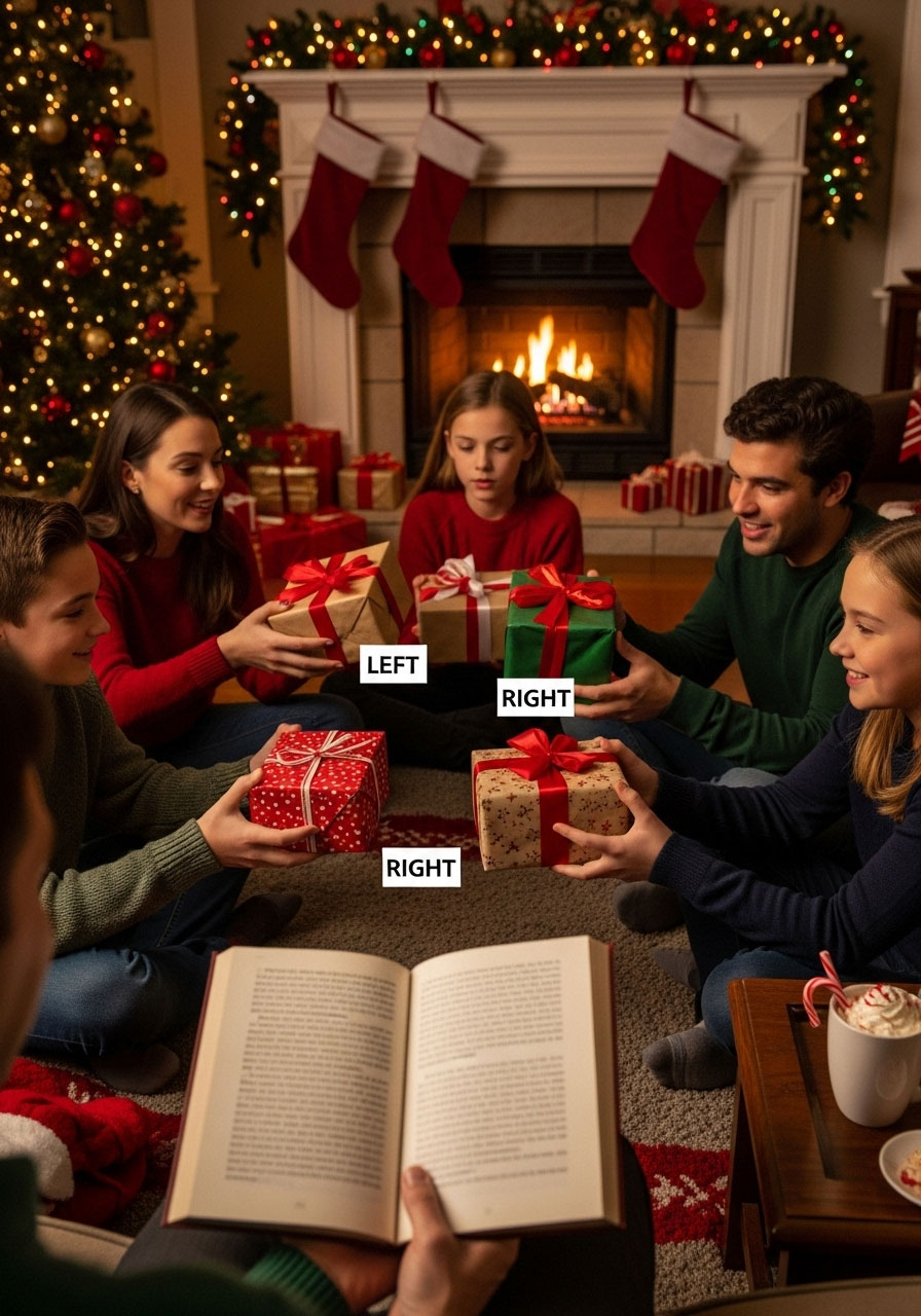 Thanksgiving Left or Right Story game with family passing gift based on story directions