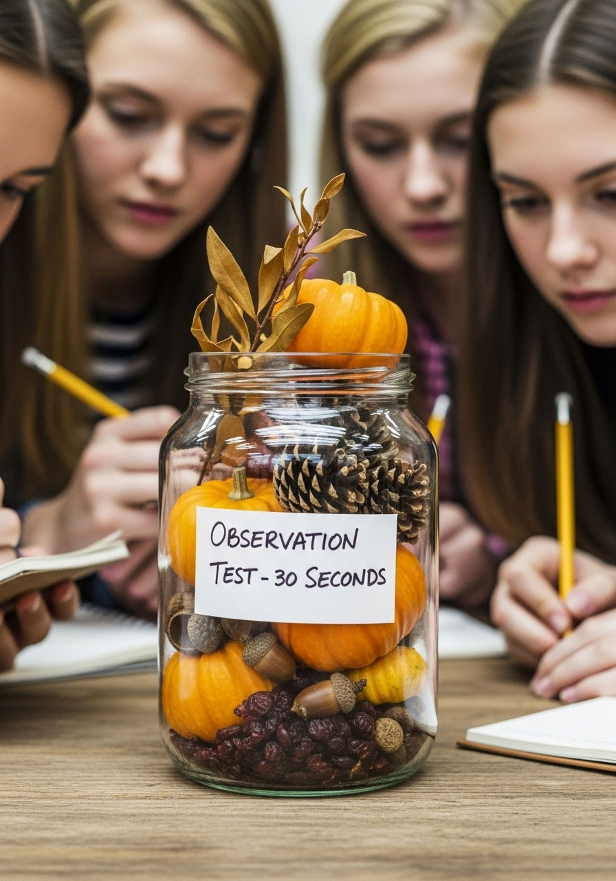 Thanksgiving Memory Jar game with family observing and remembering holiday items in jar