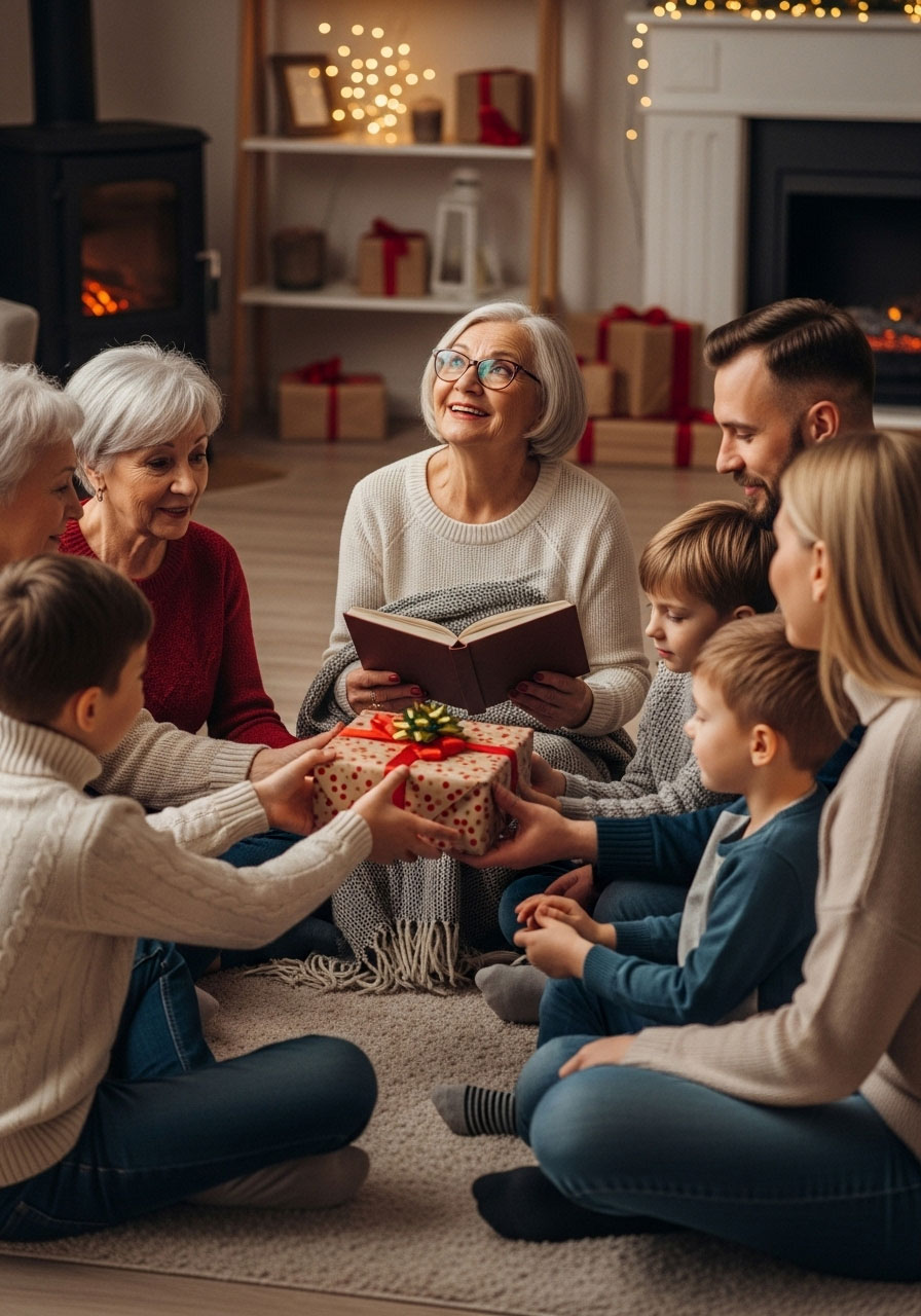 Thanksgiving Pass the Gift game with family in circle passing present during story