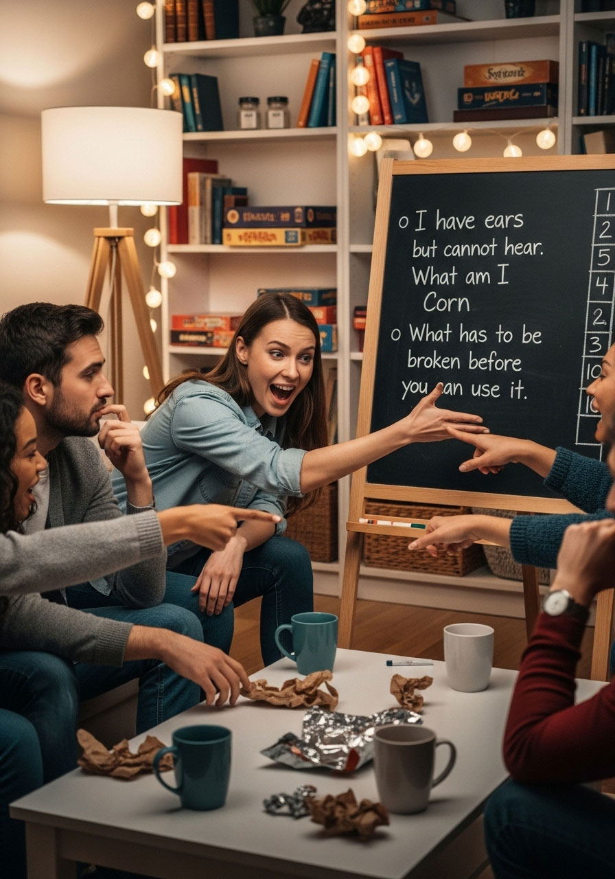 Thanksgiving Riddles game with family solving holiday-themed brain teasers and puzzles