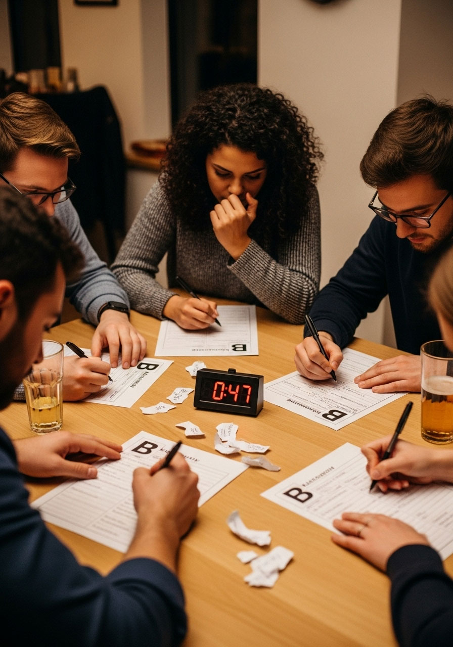 Thanksgiving Scattergories game with family writing creative category answers for specific letters