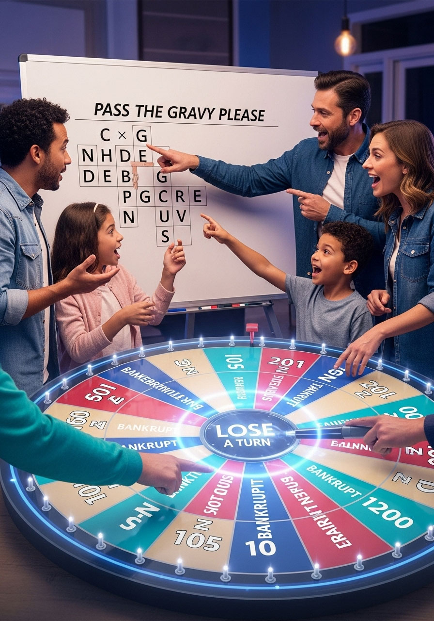 Thanksgiving Spin the Wheel game with family guessing holiday phrases game-show style