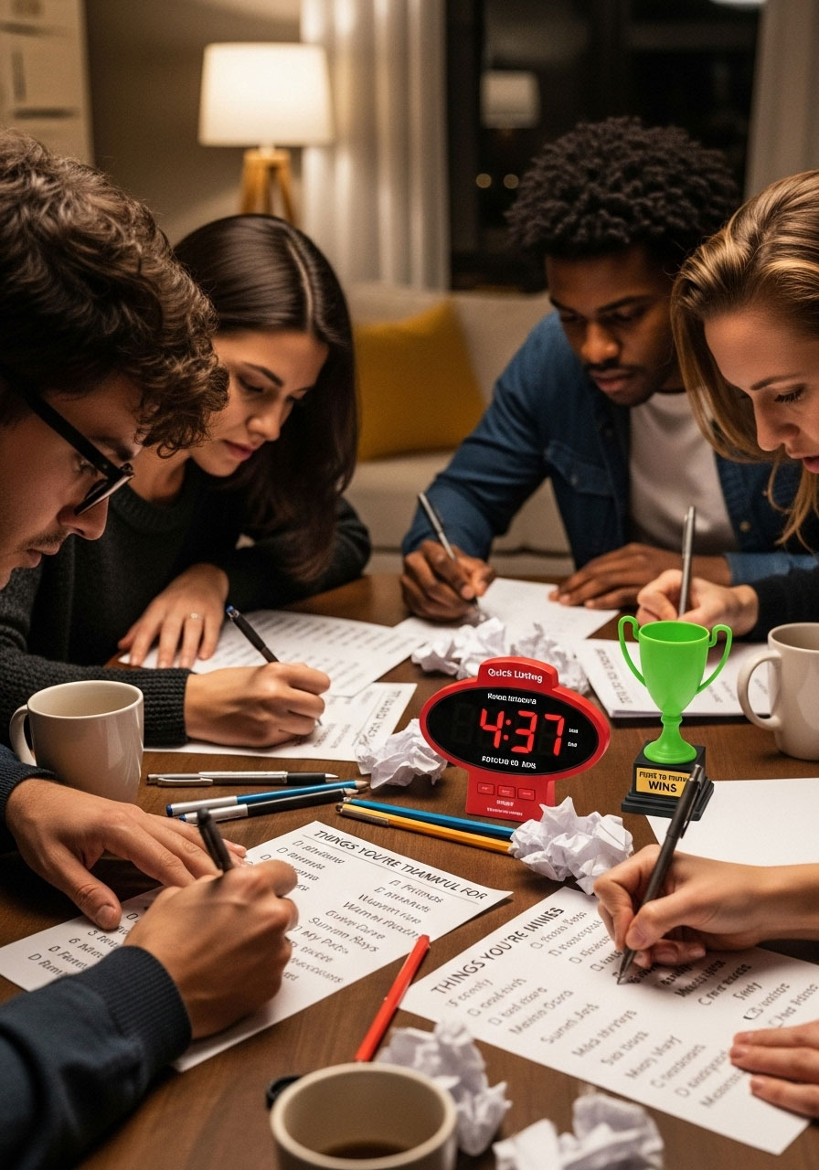 Thanksgiving Think Fast game with family racing to write three answers per category