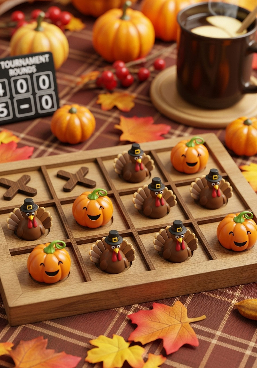 Thanksgiving Tic Tac Toe game using turkey and pumpkin symbols on festive grid