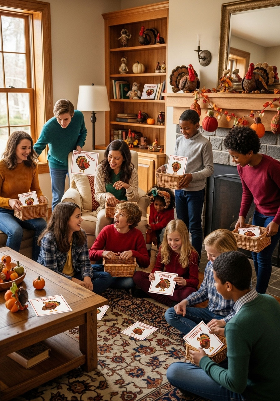 Thanksgiving Turkey Hunt game with family searching for hidden turkey cards around home