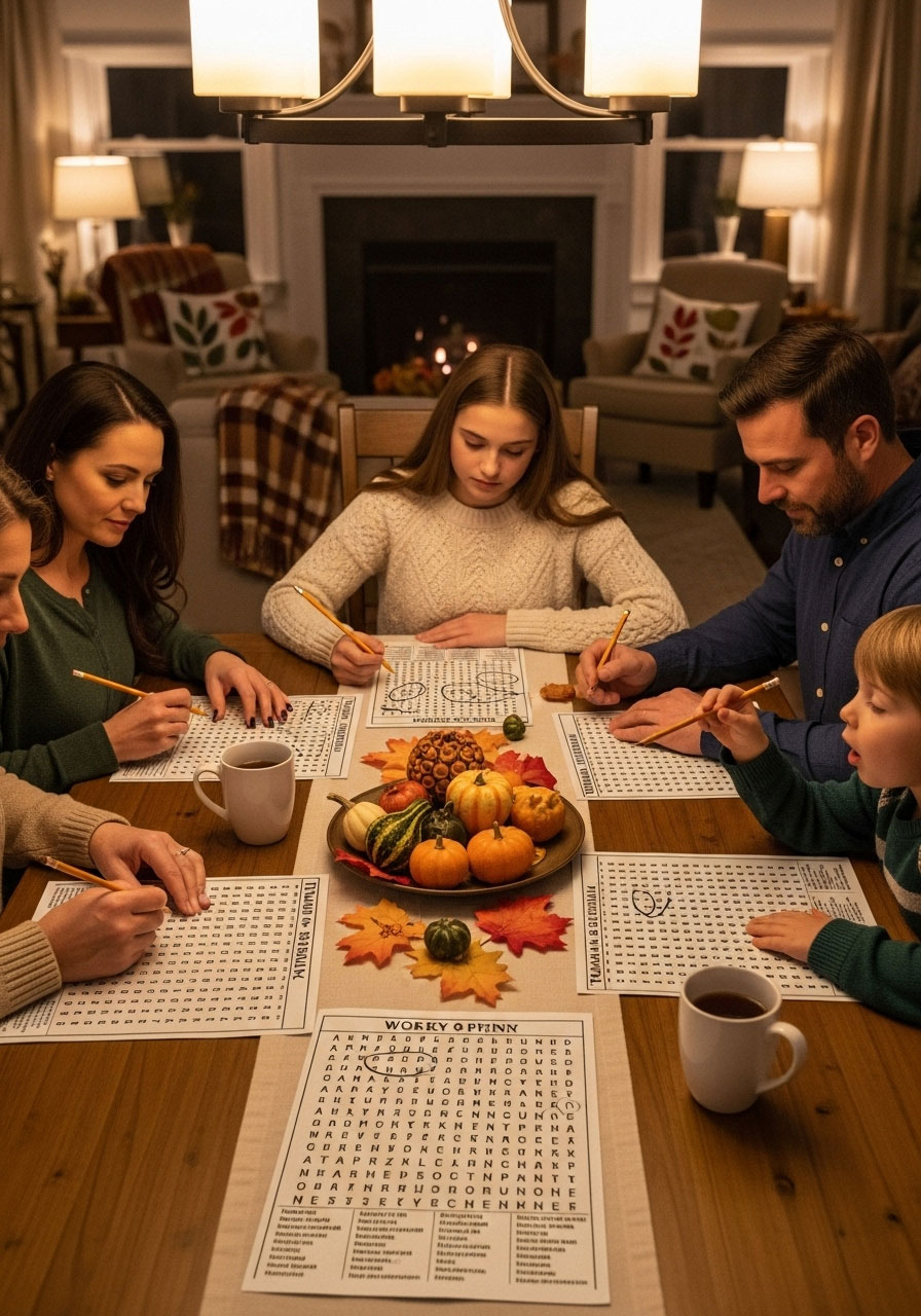 Thanksgiving Word Search puzzle with family finding hidden holiday words in grid