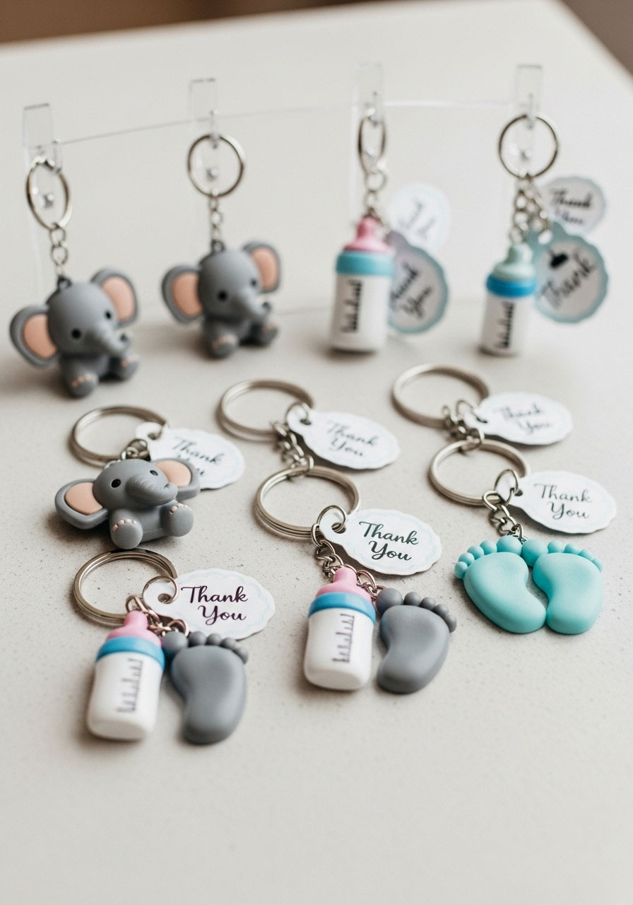 Several cute, baby-themed keychains with thank you tags, a practical baby shower prize for guests.