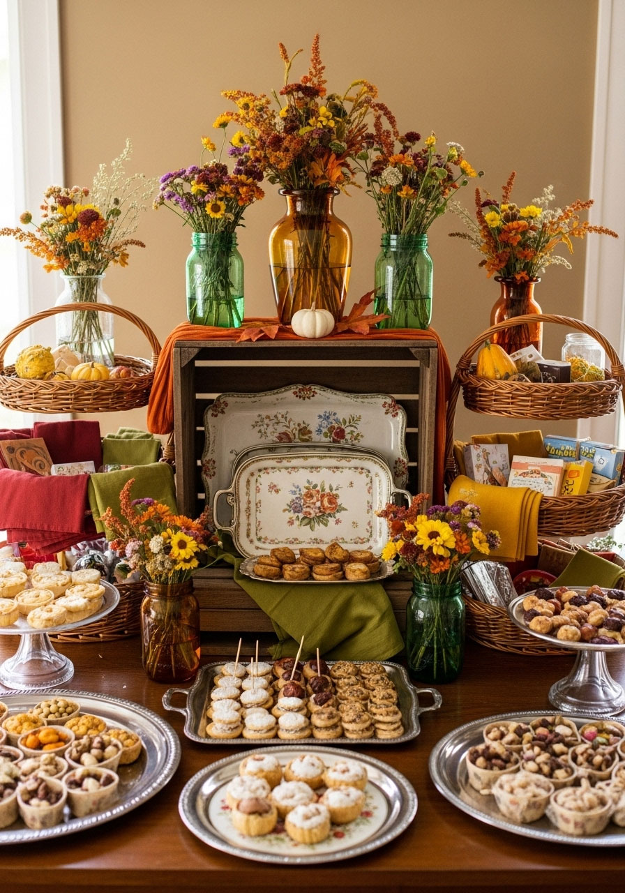 Eclectic thrift store finds for fall baby shower, including vintage trays, glass vases, and fall-colored linens for unique decor