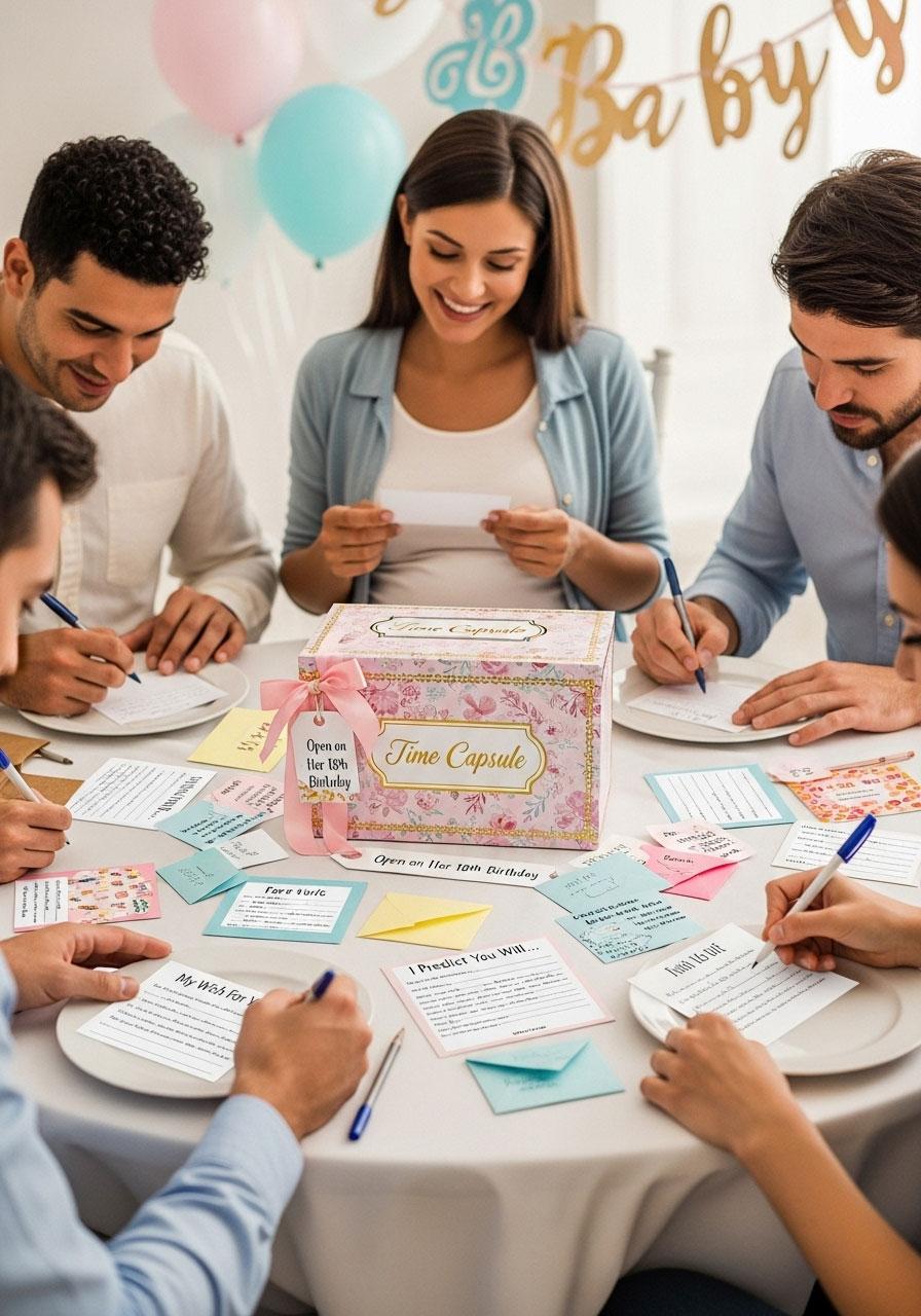 Decorated box with guest letters for a baby girl’s 18th birthday time capsule at a shower.