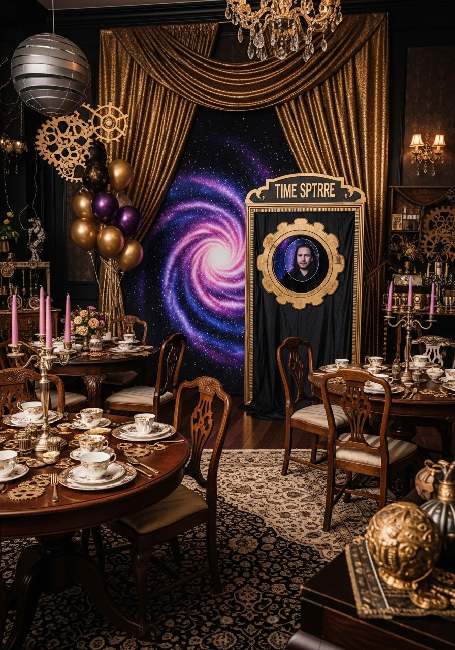 An imaginative Time Traveler's Tea Party baby shower, blending antique teacups with steampunk gears and futuristic metallic accents.