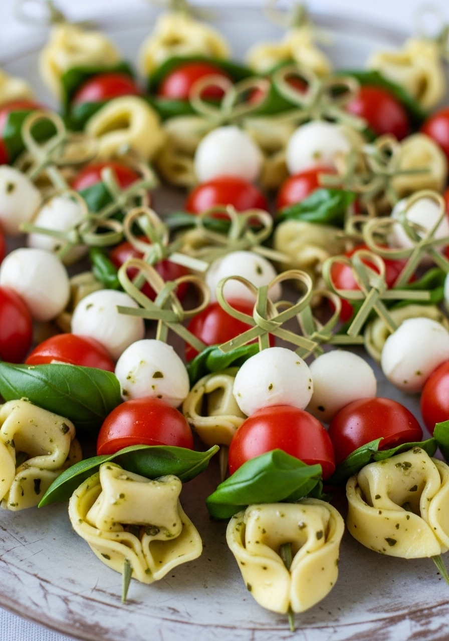 Charming tortellini salad skewers decorated with a tiny bow made from a chive tied around the end of each stick for a rustic baby shower.