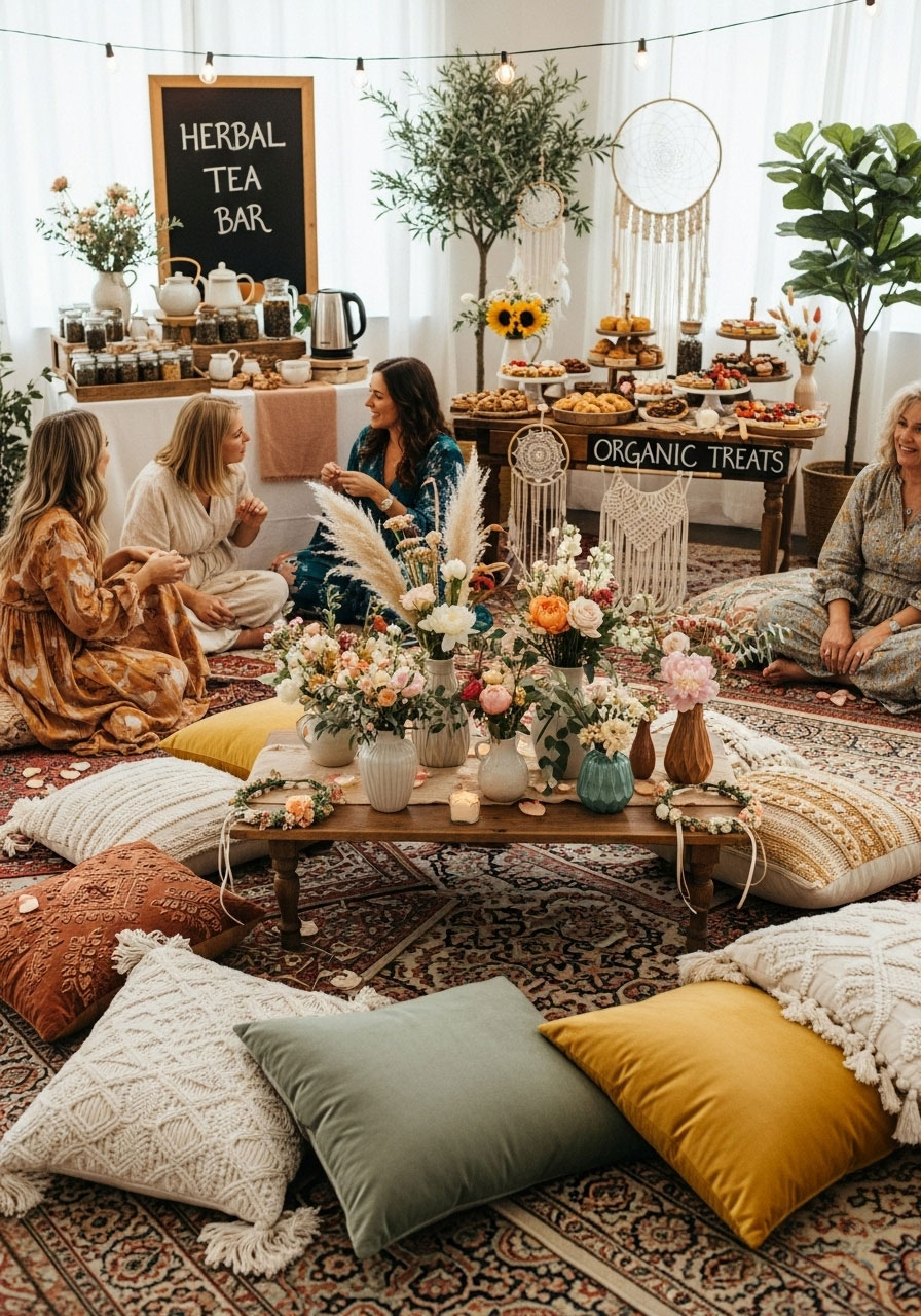 Earthy boho baby shower for girls with rugs, cushions, wild bloom vases, flower crowns, and herbal tea station in a cozy, free-spirited vibe.