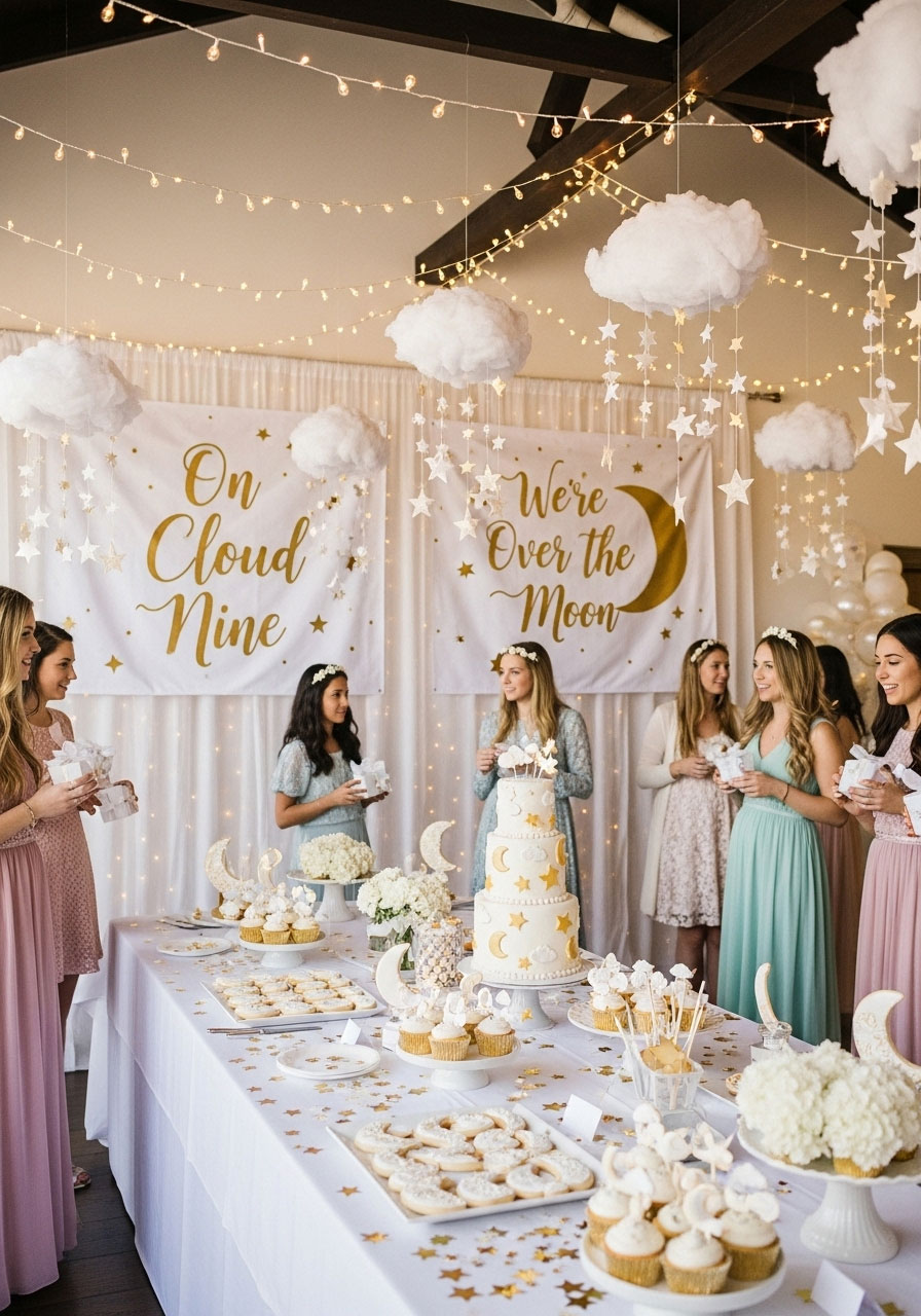 Dreamy celestial baby shower for girls with cloud mobiles, star garlands, moon cookies, and white-gold decor in an enchanting, over-the-moon atmosphere.