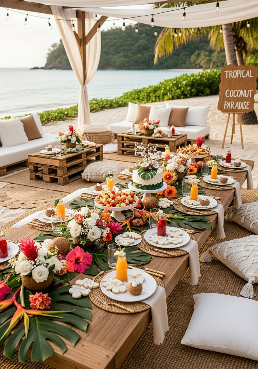 Tropical coconut baby shower for girls with palm leaves, coconut husks, neutral beige-brown palette, and colorful blooms in a laid-back paradise vibe.