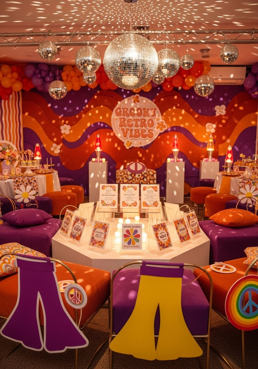 '70s groovy baby shower for girls with wavy patterns, disco balls, lava lamps, and burnt orange-violet decor in a laid-back retro party setup.