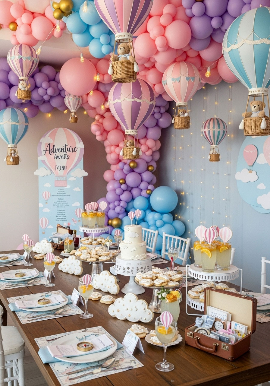 Adventurous hot air balloon baby shower for girls with balloon garlands, cloud cookies, floating fruit drinks, and sky-high decor in a playful setup.