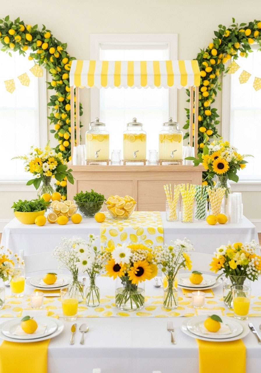 Sunny lemon-themed baby shower for girls with yellow garlands, lemonade bar, striped straws, and citrus scents in a bright, zesty atmosphere.