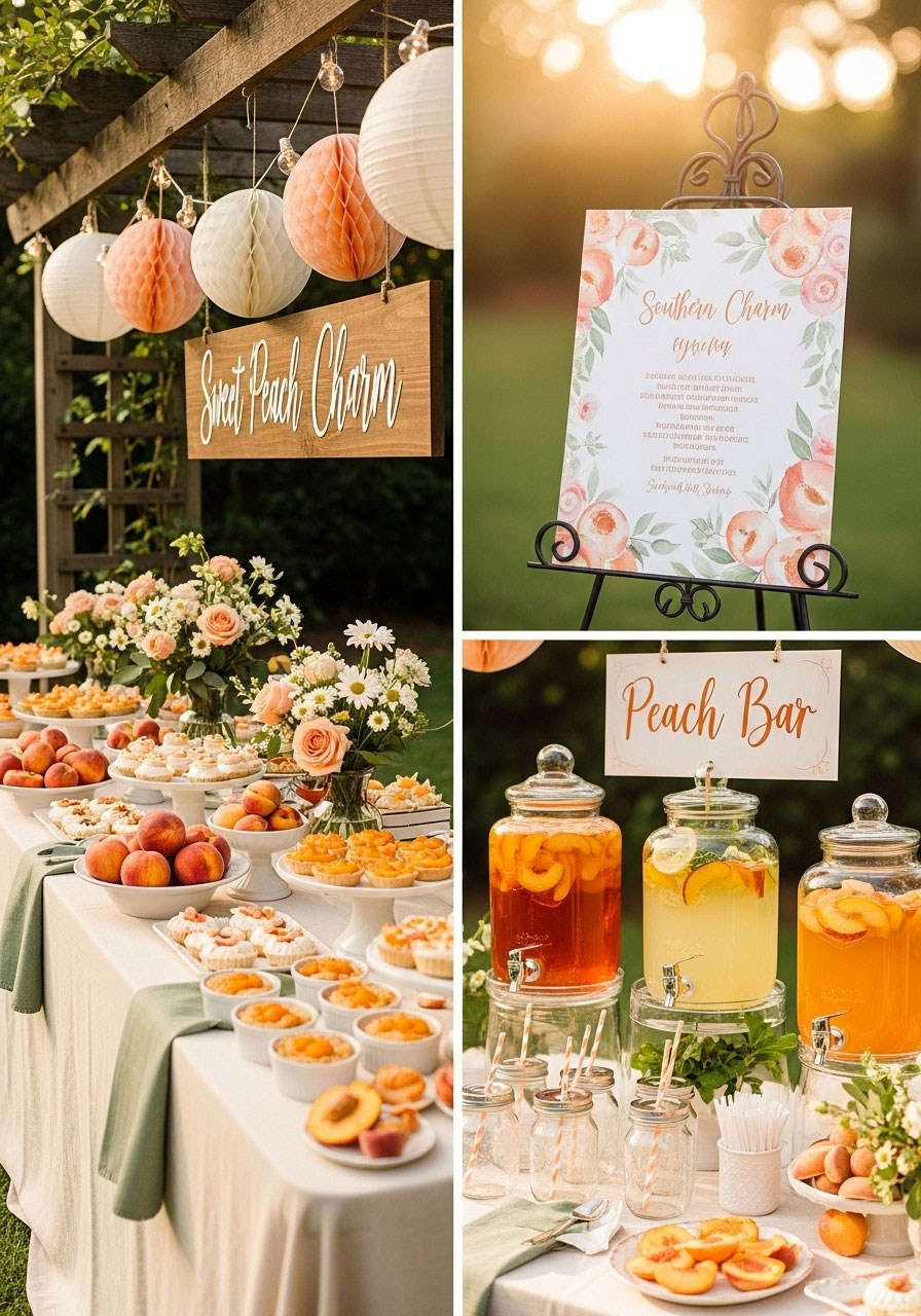 Southern peach-themed baby shower for girls with peach tones, cobbler desserts, fresh peaches, and charming invites in a warm summer setup.