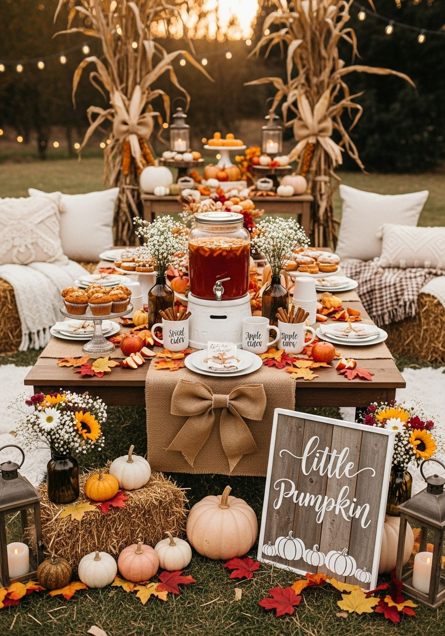 Cozy fall pumpkin baby shower for girls with pumpkins, hay bales, cider station, and neutral decor with colorful harvest accents in a warm autumn setting.