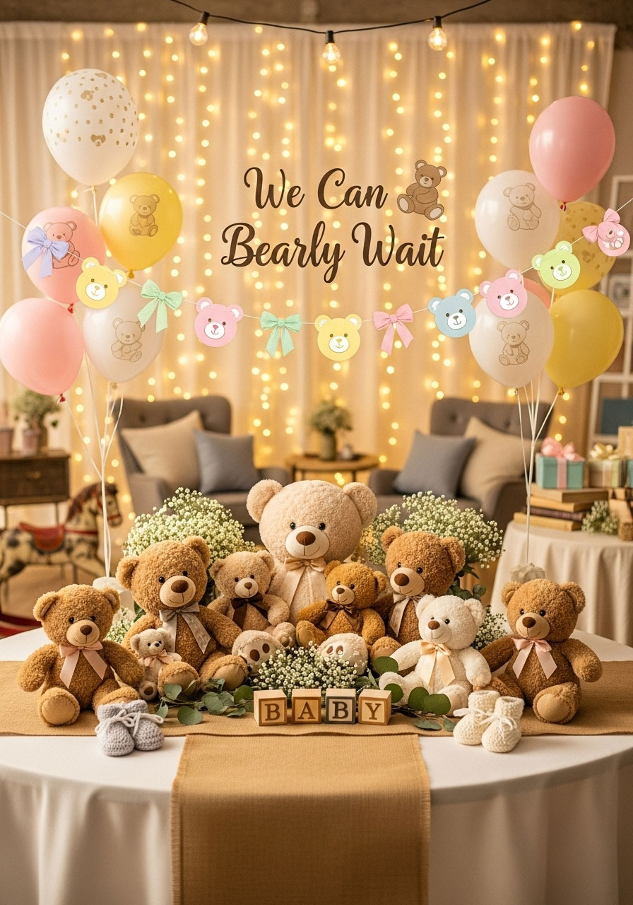 Cozy teddy bear baby shower for girls with plush bear centerpieces, garlands, balloons, and simple cozy accents in a cuddly, childhood-themed setup.