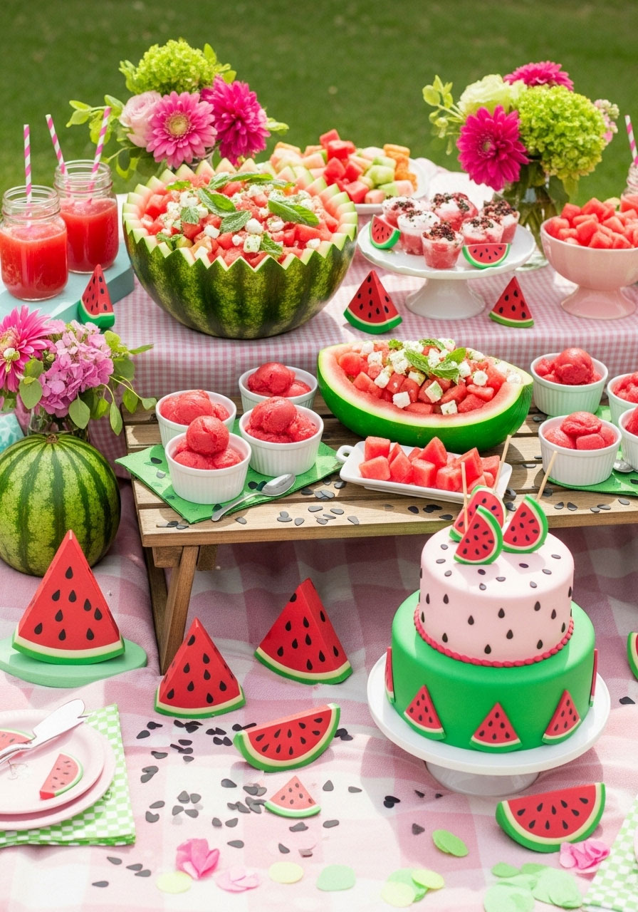 Playful watermelon baby shower for girls with pink-green decor, watermelon salads, sorbet, and seed motifs in a juicy, cheerful picnic setting.