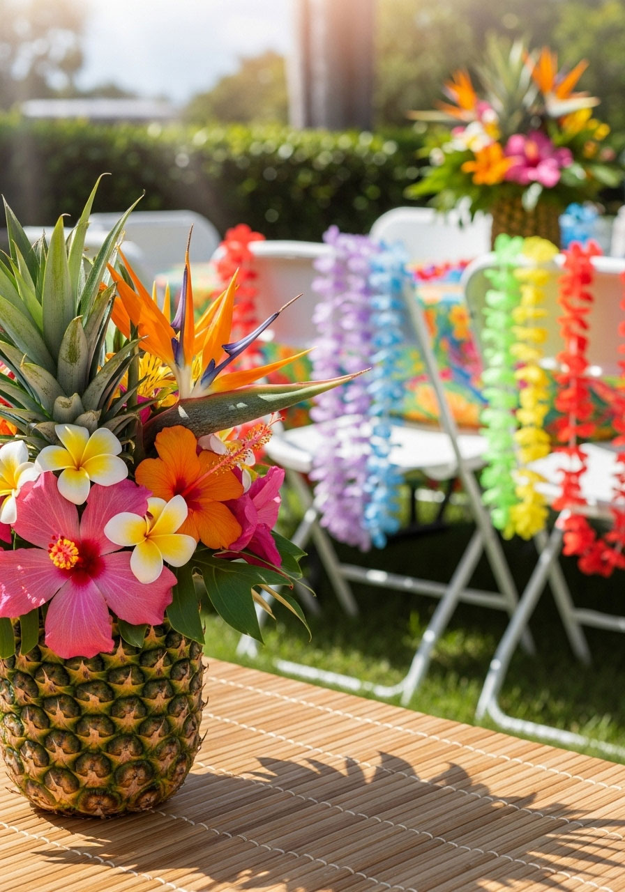 A fun 'Tropical Luau' baby shower featuring a hollowed-out pineapple used as a budget-friendly vase.