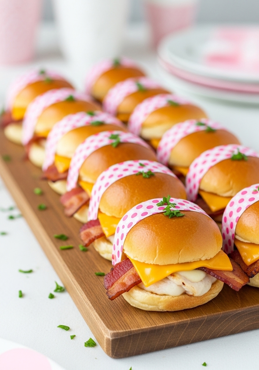 A row of turkey bacon cheddar sliders, each wrapped in a decorative pink polka dot paper band for a baby girl shower.