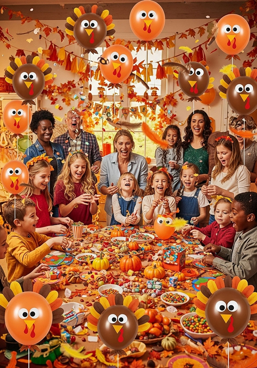 Turkey Balloon Pop game with decorated balloons and family members revealing prizes inside