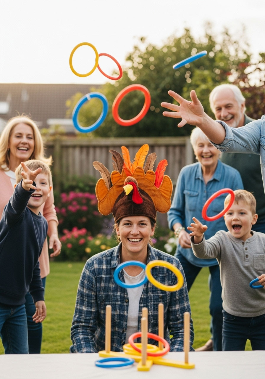 Turkey Hat Ring Toss game with player wearing festive hat while family tosses rings