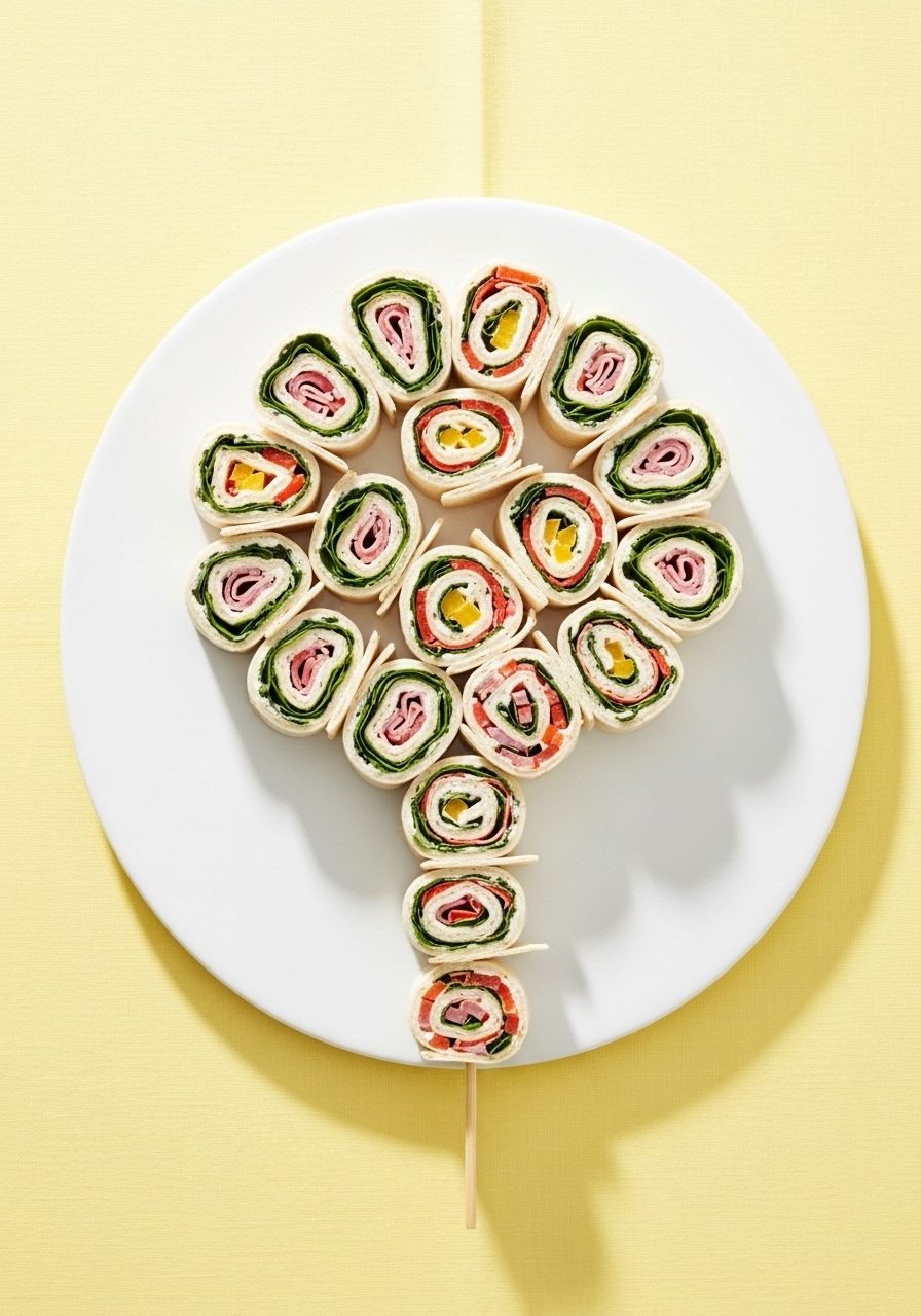 A platter of turkey bacon ranch pinwheels artfully arranged in the shape of a baby rattle for a creative baby shower food display.