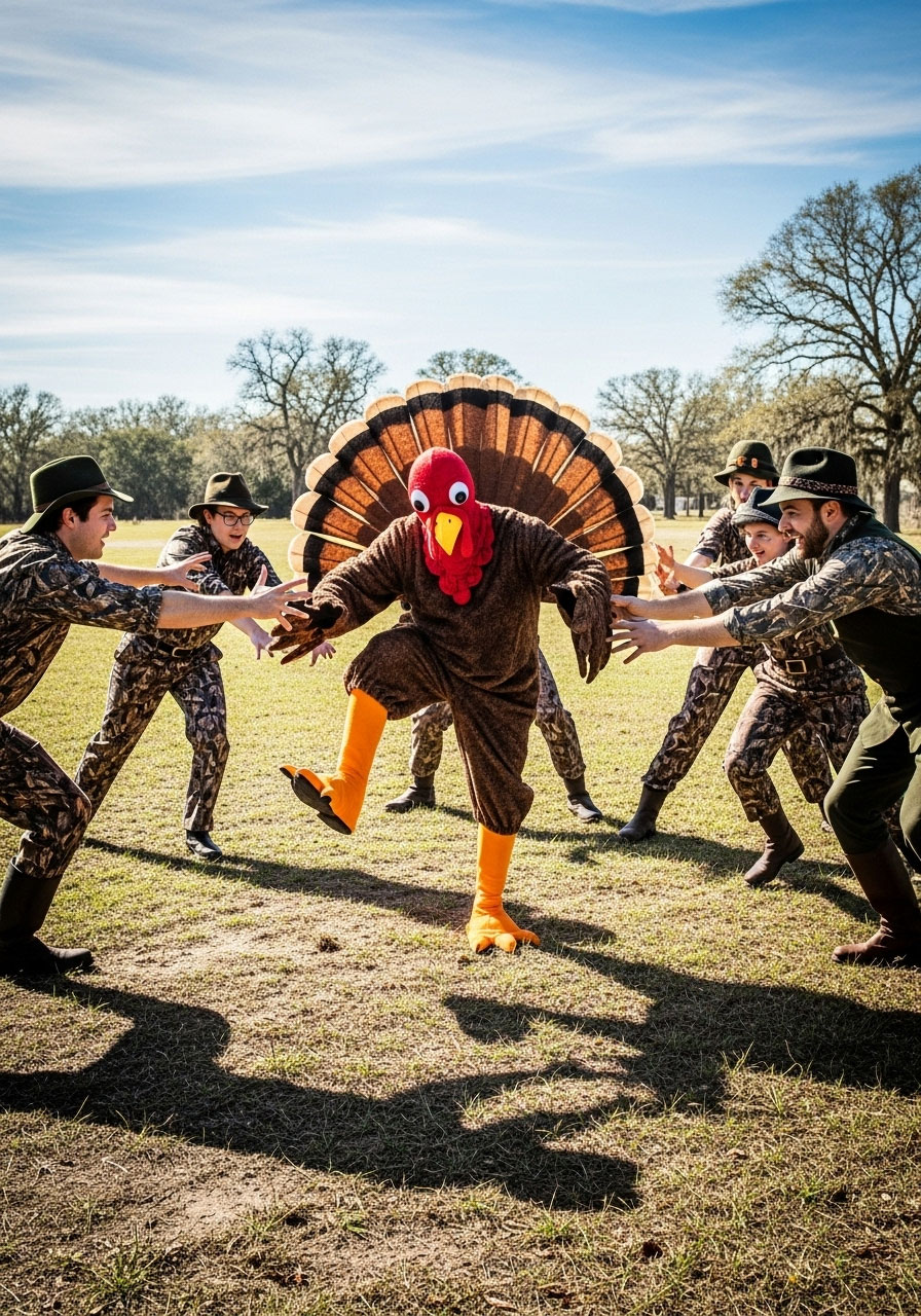 Turkey Tag active game with children chasing the turkey player with feather tail