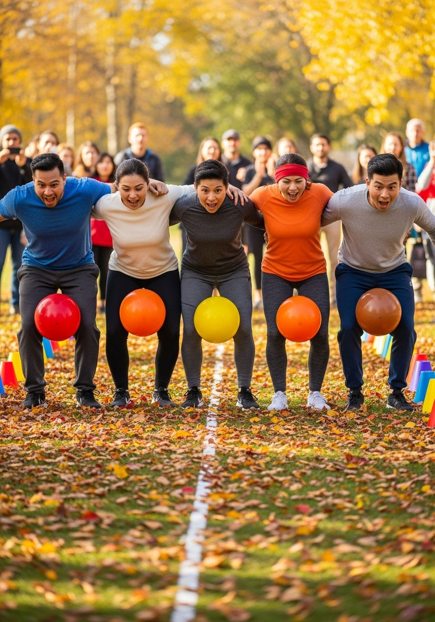 Turkey Waddle Relay race with family teams competing with balloons between knees