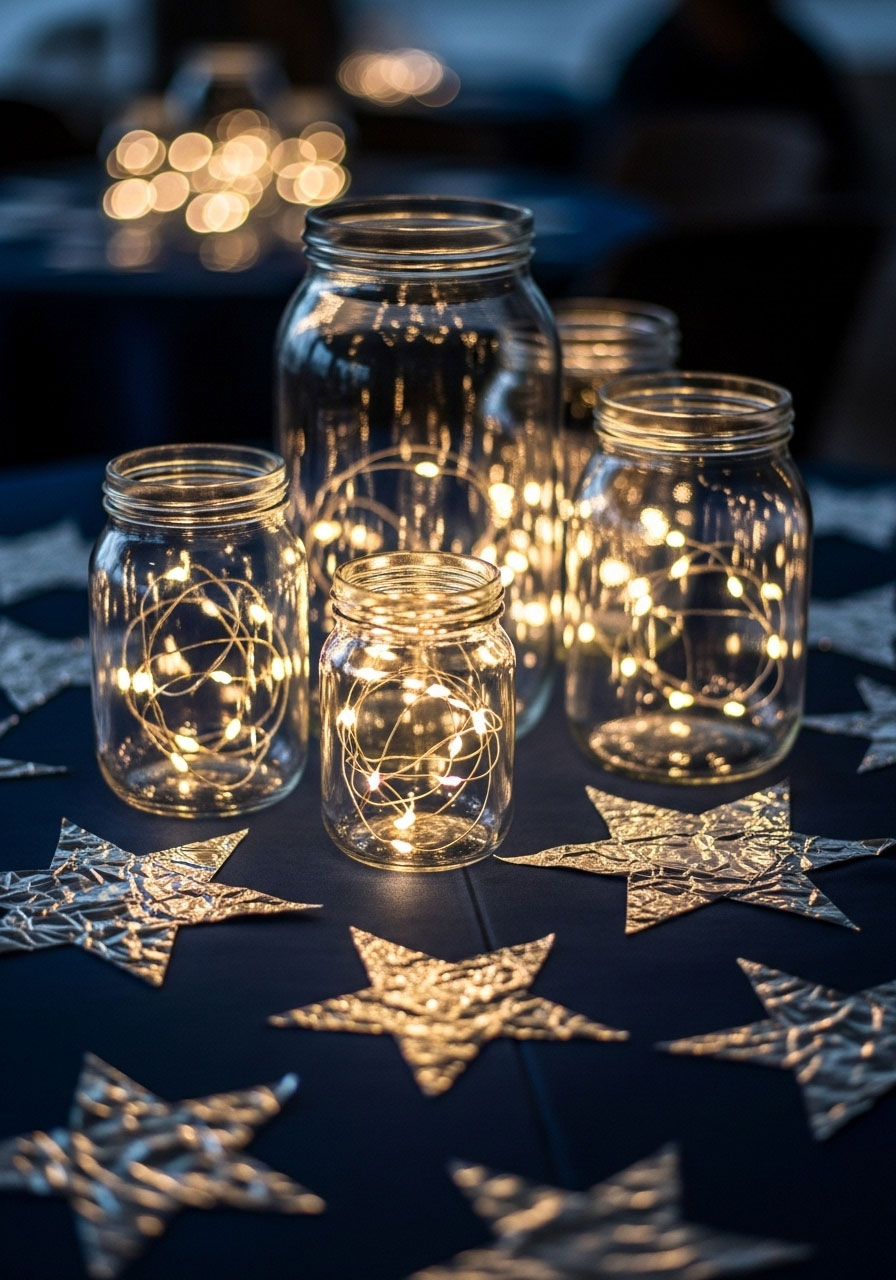 An elegant 'Twinkle Twinkle Little Star' baby shower centerpiece made from inexpensive fairy lights in a jar.