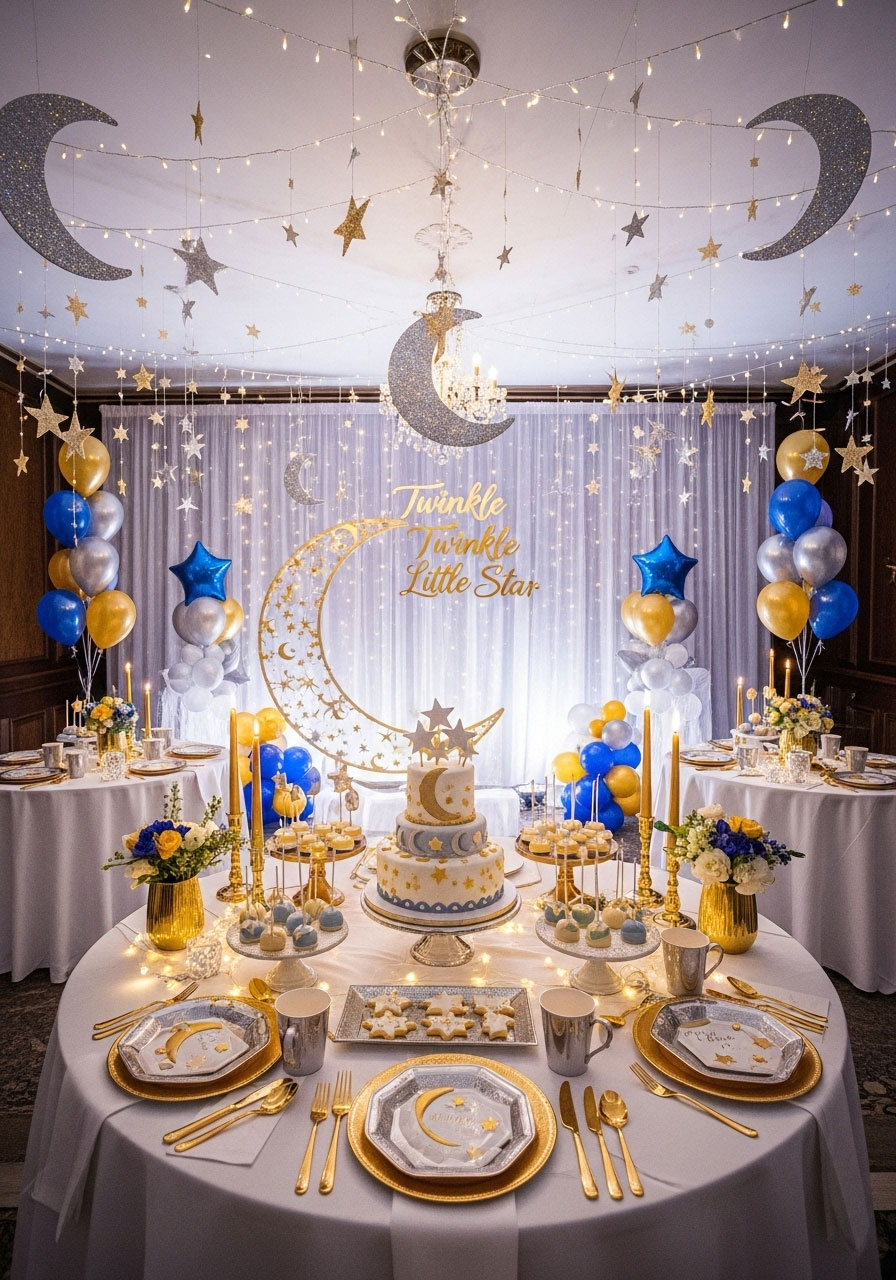 Magical twinkle twinkle little star gender neutral shower with gold silver stars, moons, and fairy lights for dreamy vibe
