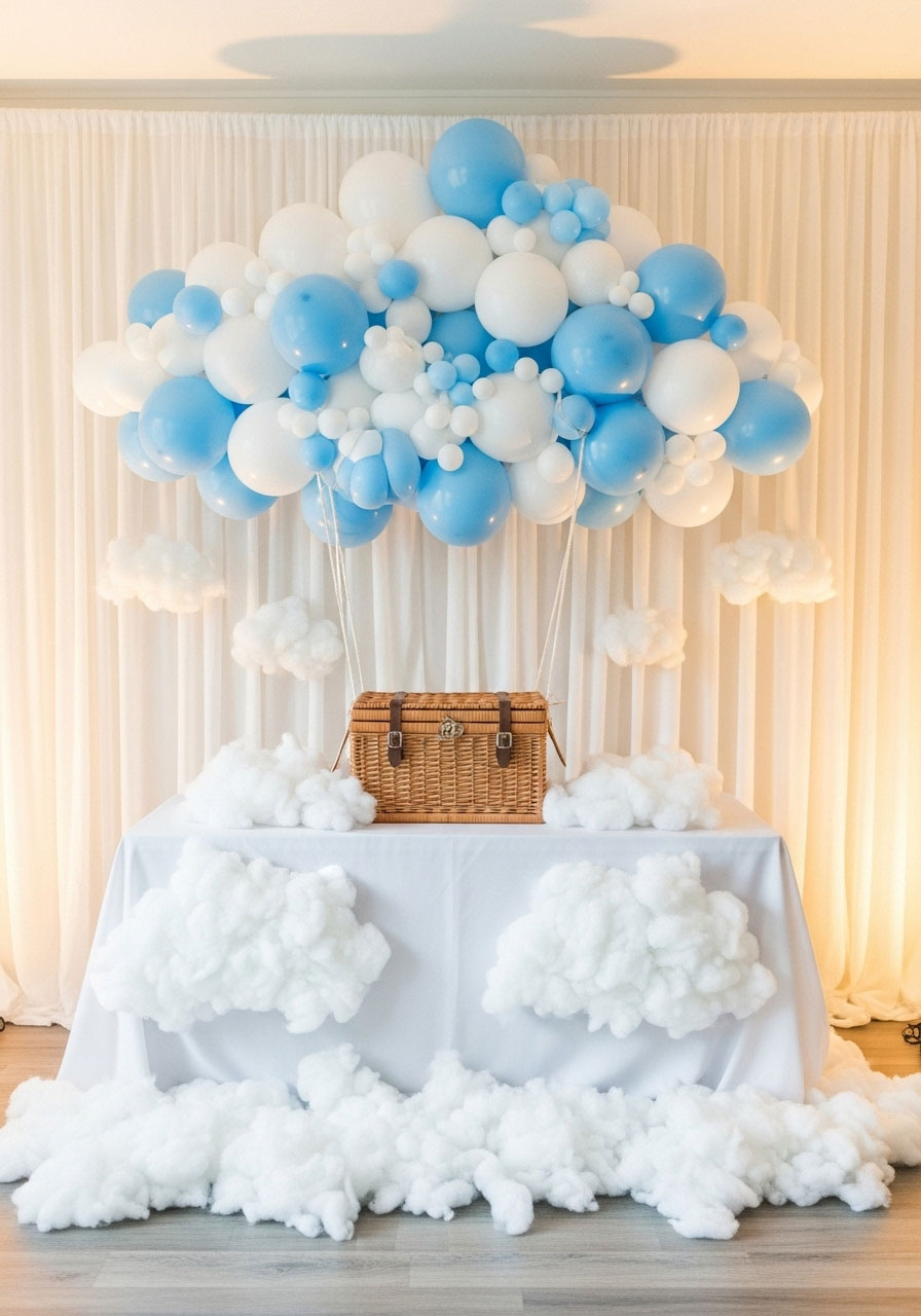 A whimsical 'Up, Up, and Away' baby shower with a stunning DIY photo backdrop made of blue and white balloons.