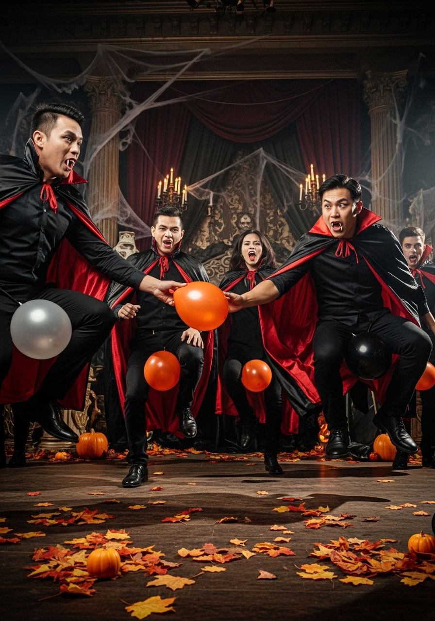 Halloween vampire bite relay carnival game with costumed players hopping with balloons in team competition