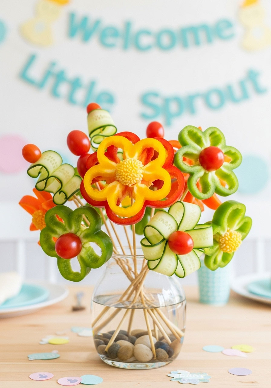 A beautiful and healthy edible bouquet made of vegetable flowers on skewers, arranged in a vase for a baby shower centerpiece.