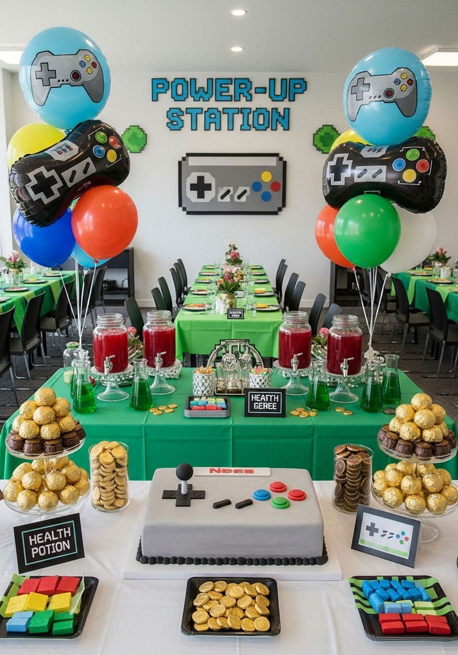 A modern video game baby shower with pixelated decor, a 'Power-Up' snack station, and a cake shaped like a retro controller.
