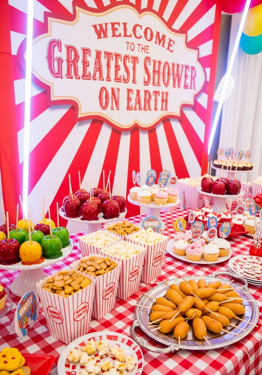 A lively vintage circus baby shower with red and white stripes, a classic popcorn machine, and signs reading 'Welcome to the Greatest Shower'.