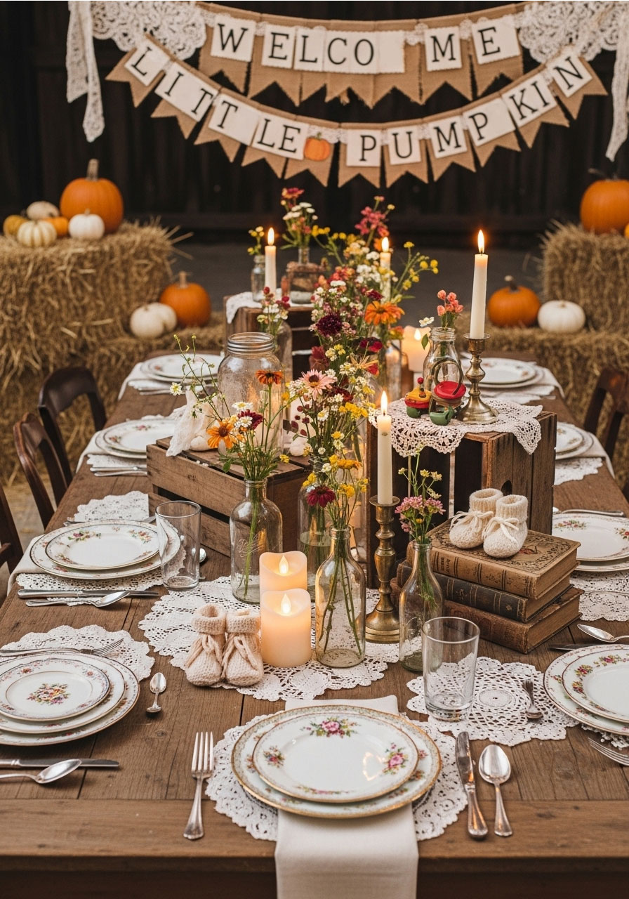 Vintage harvest baby shower featuring antique mason jars, weathered crates, brass candlesticks and nostalgic charm decorations