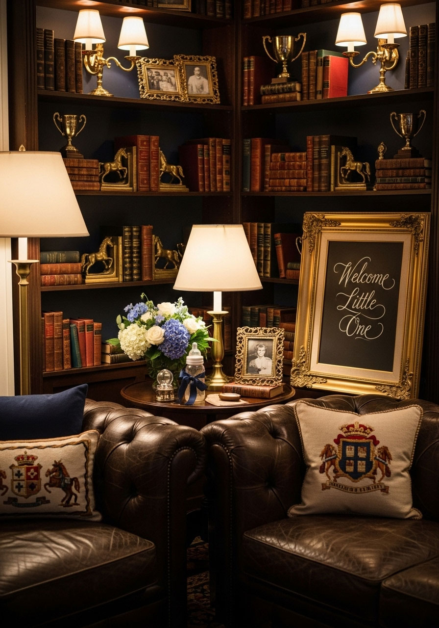 Sophisticated baby shower corner with vintage leather-bound books, brass bookends, and classic library aesthetic for old-money feel