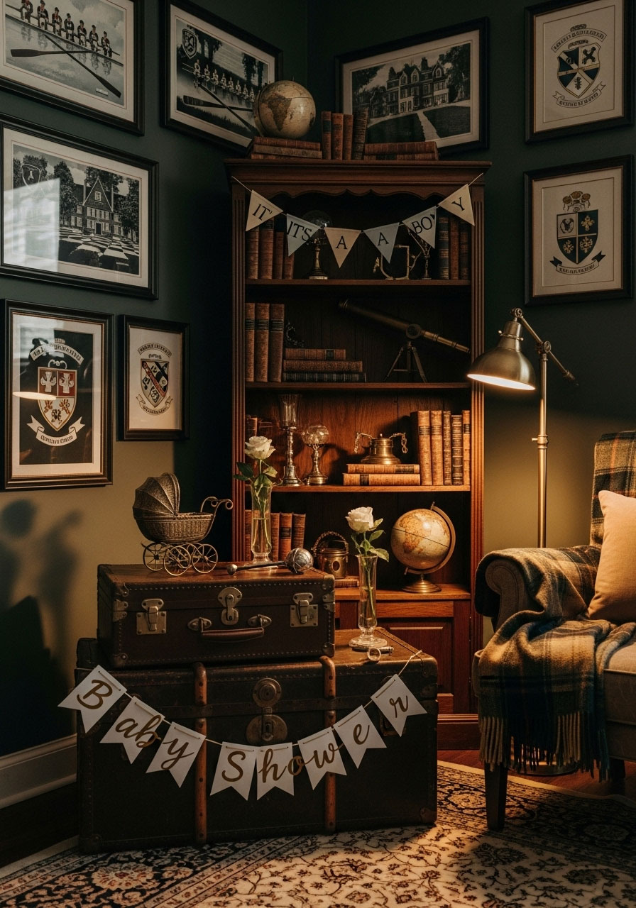 Sophisticated baby shower corner display with vintage travel trunks, prep school prints, and classic books for authentic boarding school atmosphere