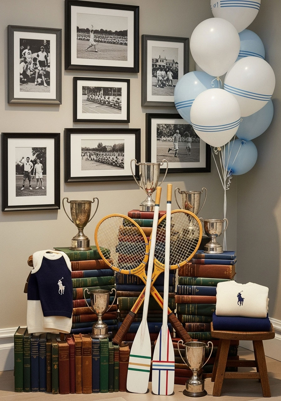 Preppy baby shower corner display with vintage tennis rackets, rowing oars, classic books, and trophies for authentic prep school feel