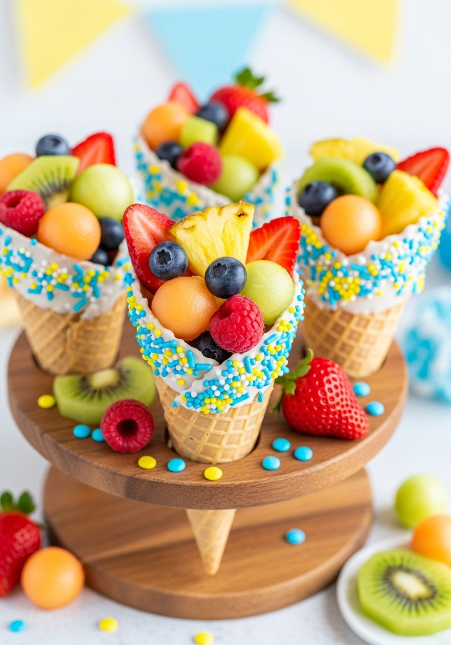 Healthy fruit salad served in waffle cones with rims dipped in white chocolate and blue sprinkles for a baby boy shower.