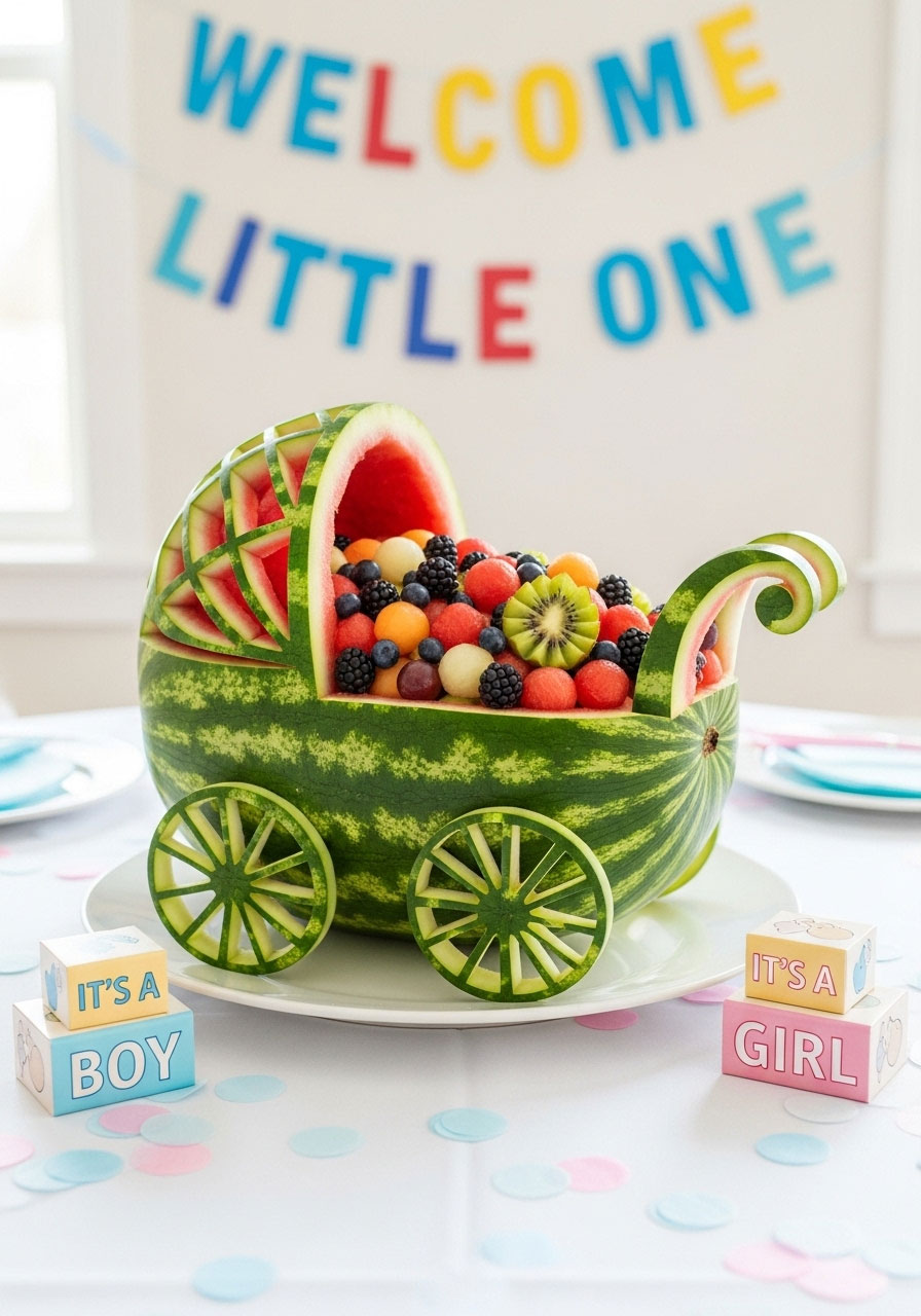 An impressive baby shower centerpiece made from a large watermelon carved into a baby carriage and filled with colorful fruit salad.