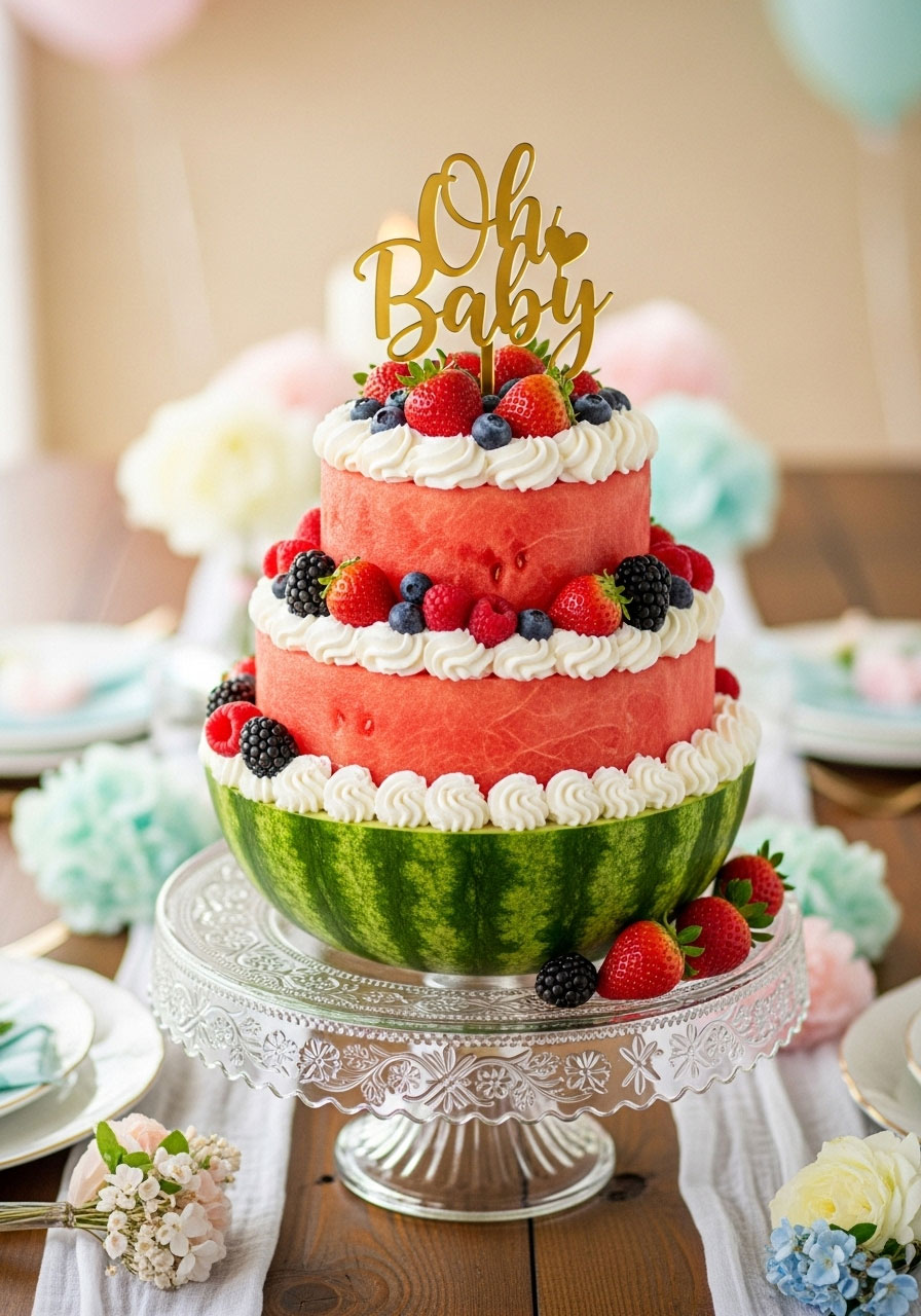 A healthy and creative watermelon cake on a cake stand, "frosted" with whipped topping and decorated with an "Oh Baby" cake topper.