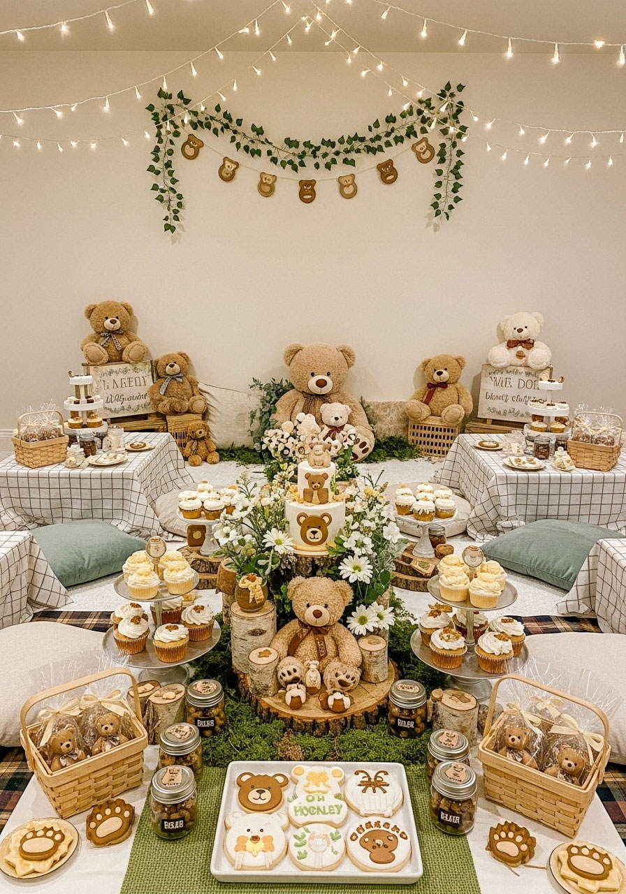 Adorable we can bearly wait gender neutral teddy bear shower with fluffy bears and picnic woods vibe for cuddly sweetness