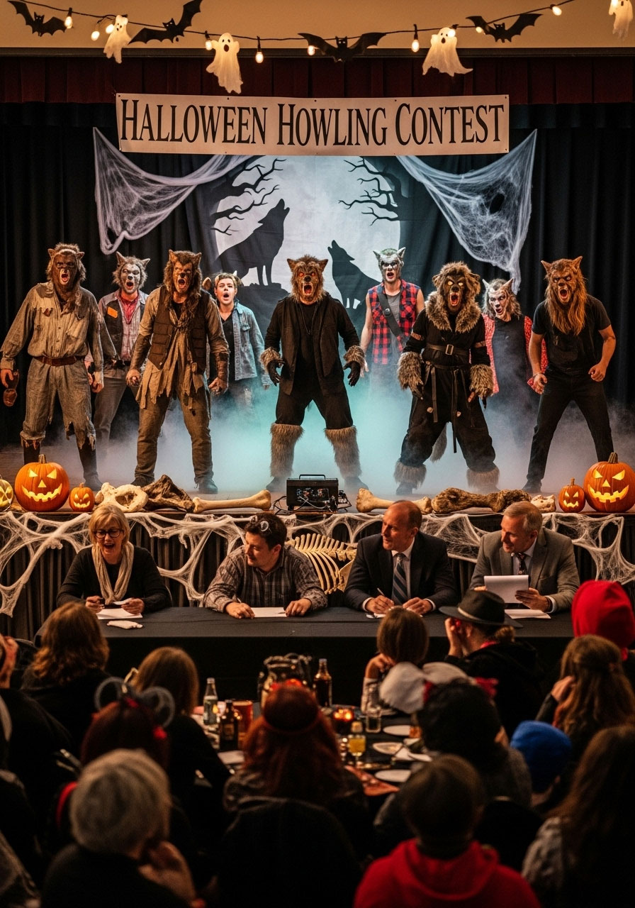 Halloween werewolf howling contest carnival game with participants performing their best howls for judges at party